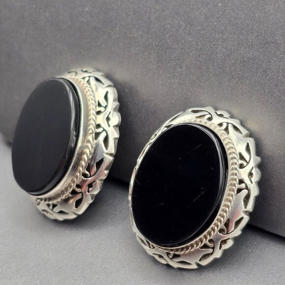 VTG Taxco Sterling Silver & Black Onyx Filigree Clip-On Earrings 1.25" TS-14 - Picture 4 of 12